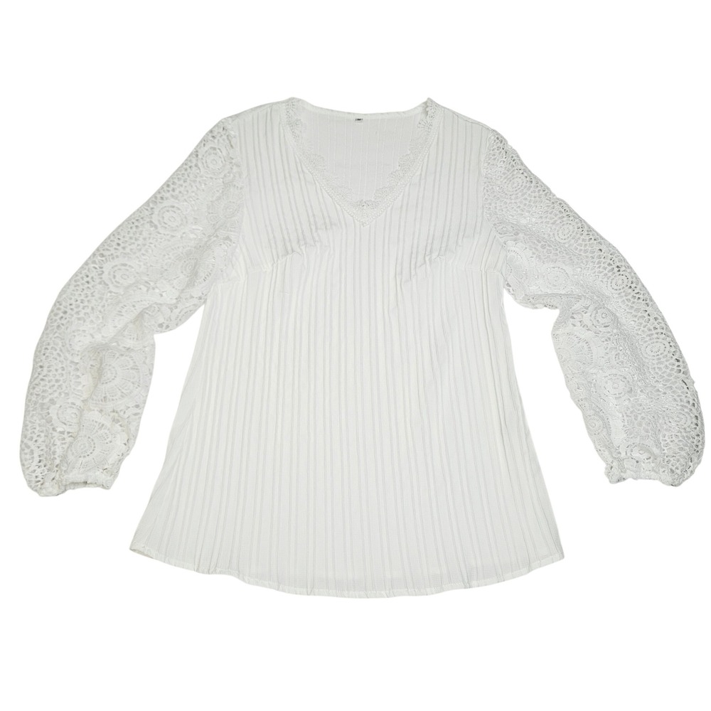 Cottagecore White Lace Crochet Sleeve V-Neck Pleated Blouse M Boho Top Soft-Girl